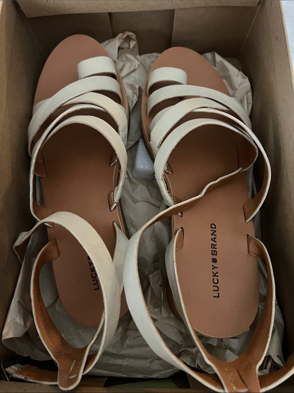 Lucky Brand Cream Leather Strappy Ankle Strap Sandals